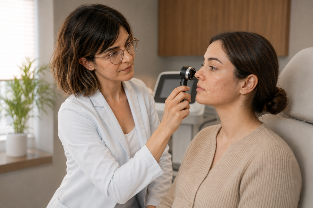 Dr. Özge Yöntem’in altın iğne radyofrekans öncesi akne izi ve gözenek görünümünü incelemesi
