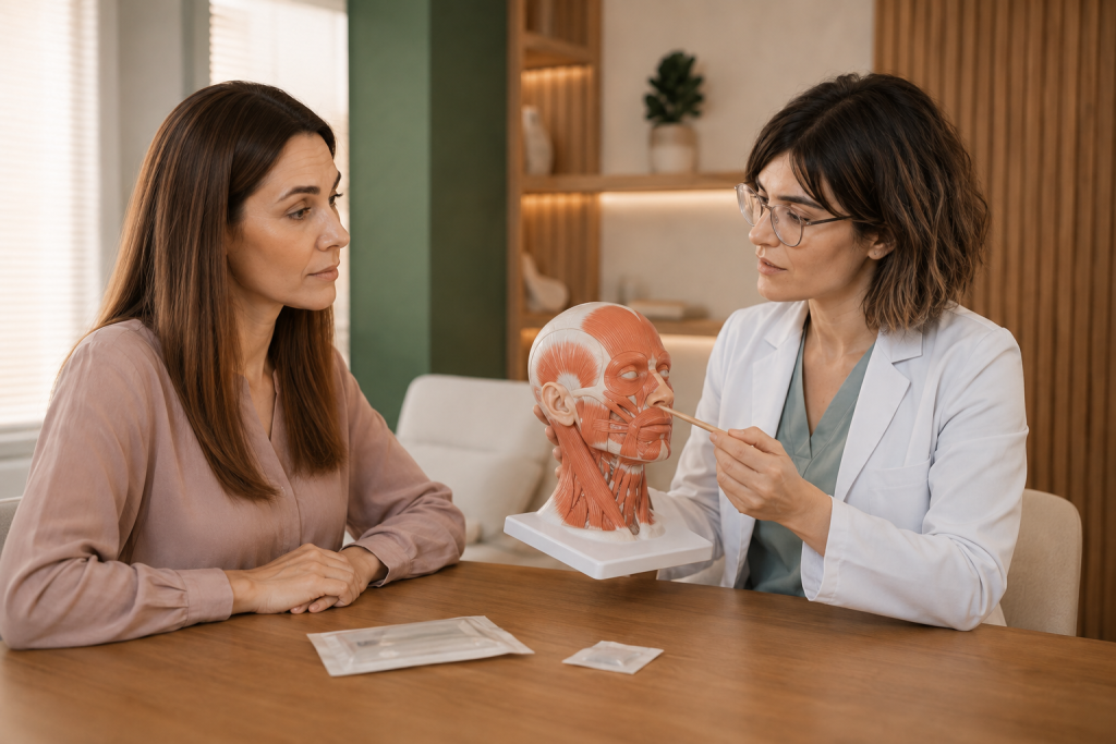 Dr. Özge Yöntem’in yüz kası modeli üzerinde botoks planını açıklaması
