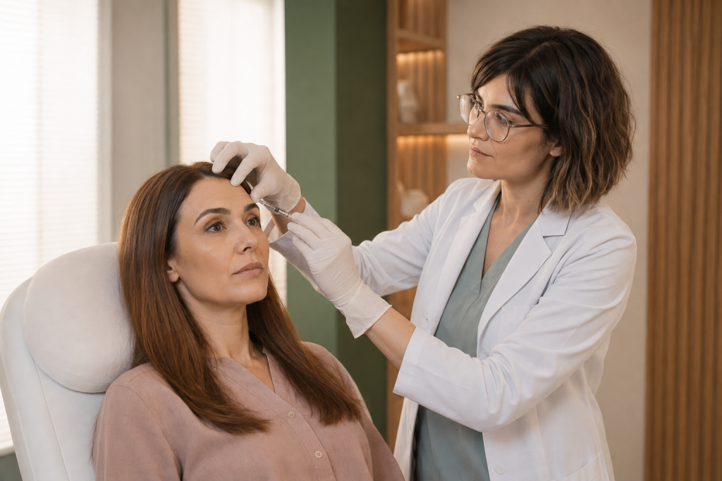 Dr. Özge Yöntem’in hastanın üst alın bölgesine kontrollü botoks uygulaması