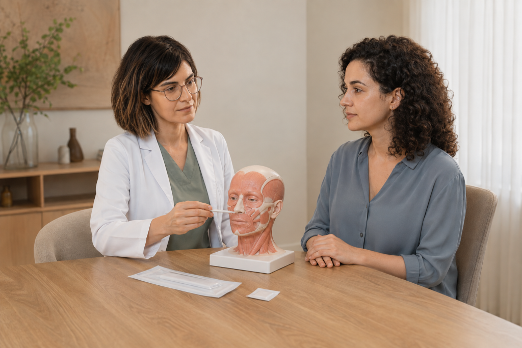 Dr. Özge Yöntem’in yüz anatomisi modeli üzerinde dolgu planını açıklaması