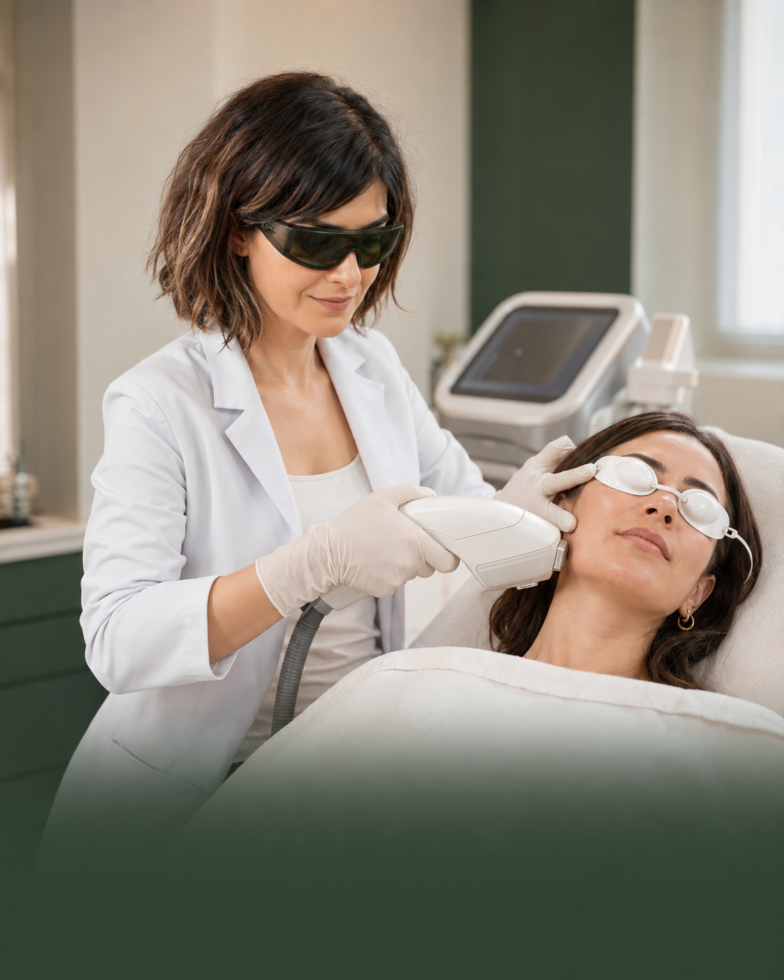 Dermatoloji Uzmanı Özge Yöntem koruyucu gözlükle lazer uygulaması yapıyor