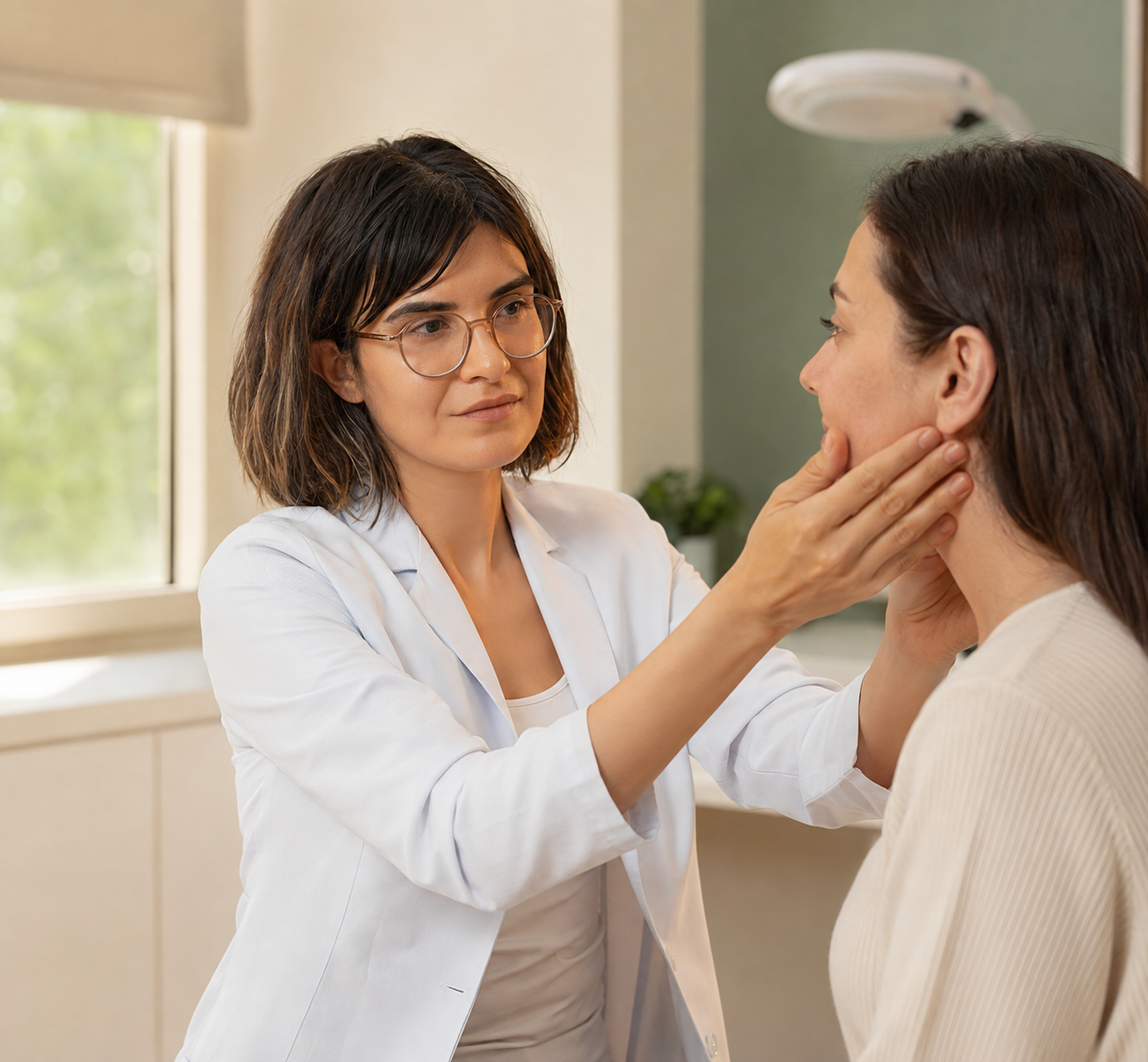 Dermatoloji Uzmanı Özge Yöntem hastasının yüzünü muayene ediyor