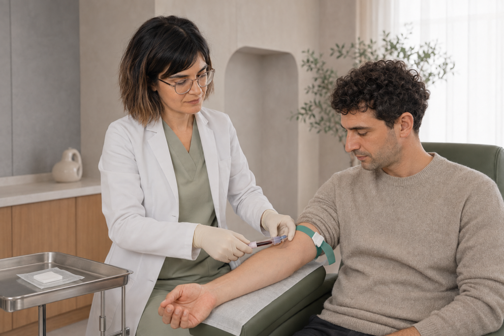 Dr. Özge Yöntem’in PRP hazırlığı için hastadan kapalı tüpe kan alması